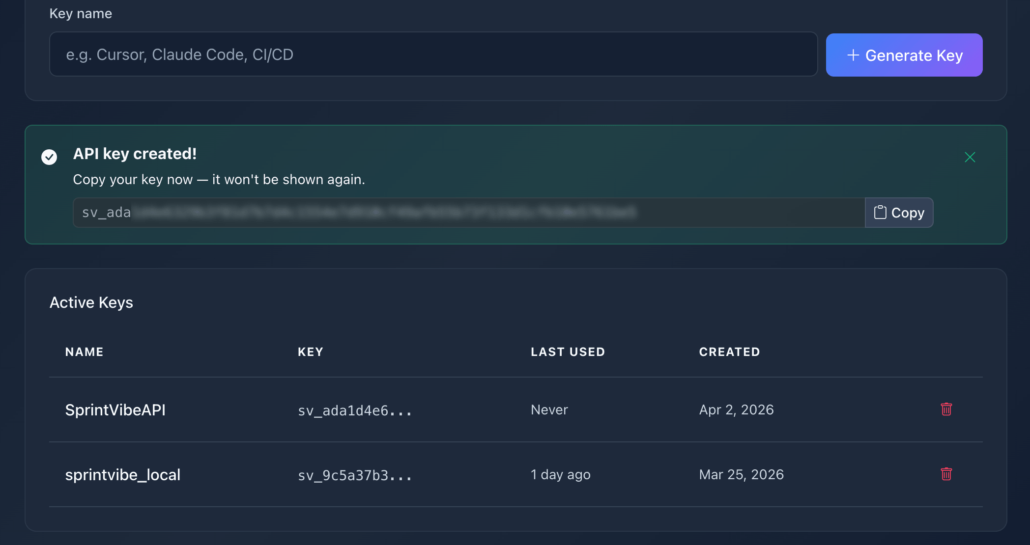 SprintVibe API keys