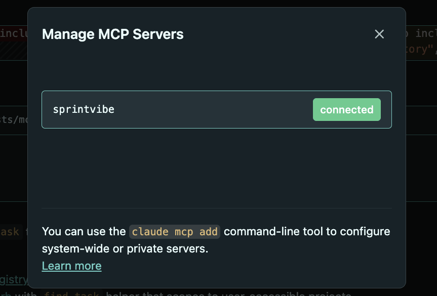 SprintVibe MCP server inside Claude Code