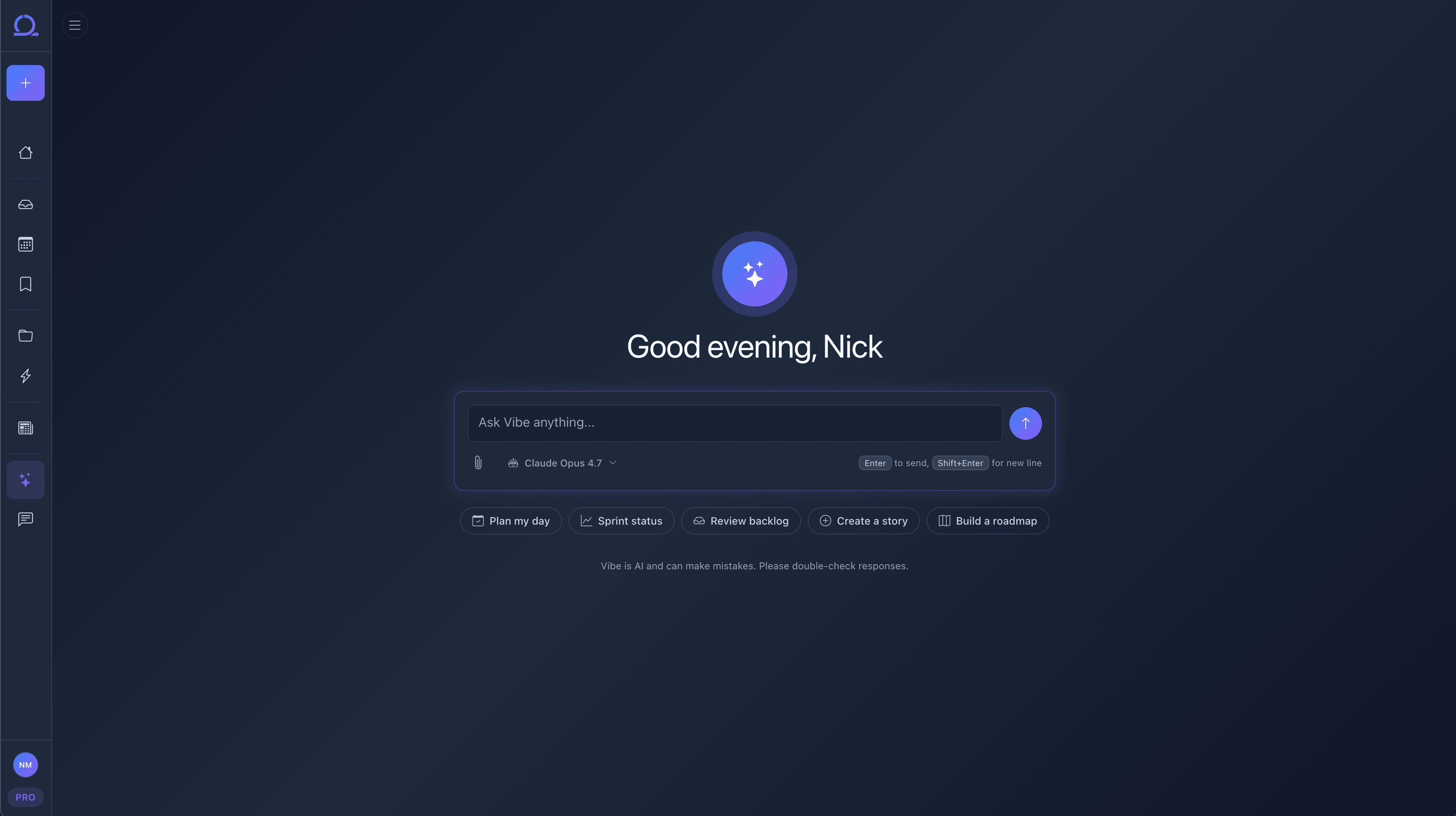 Vibe canvas with prompt input and action shortcuts