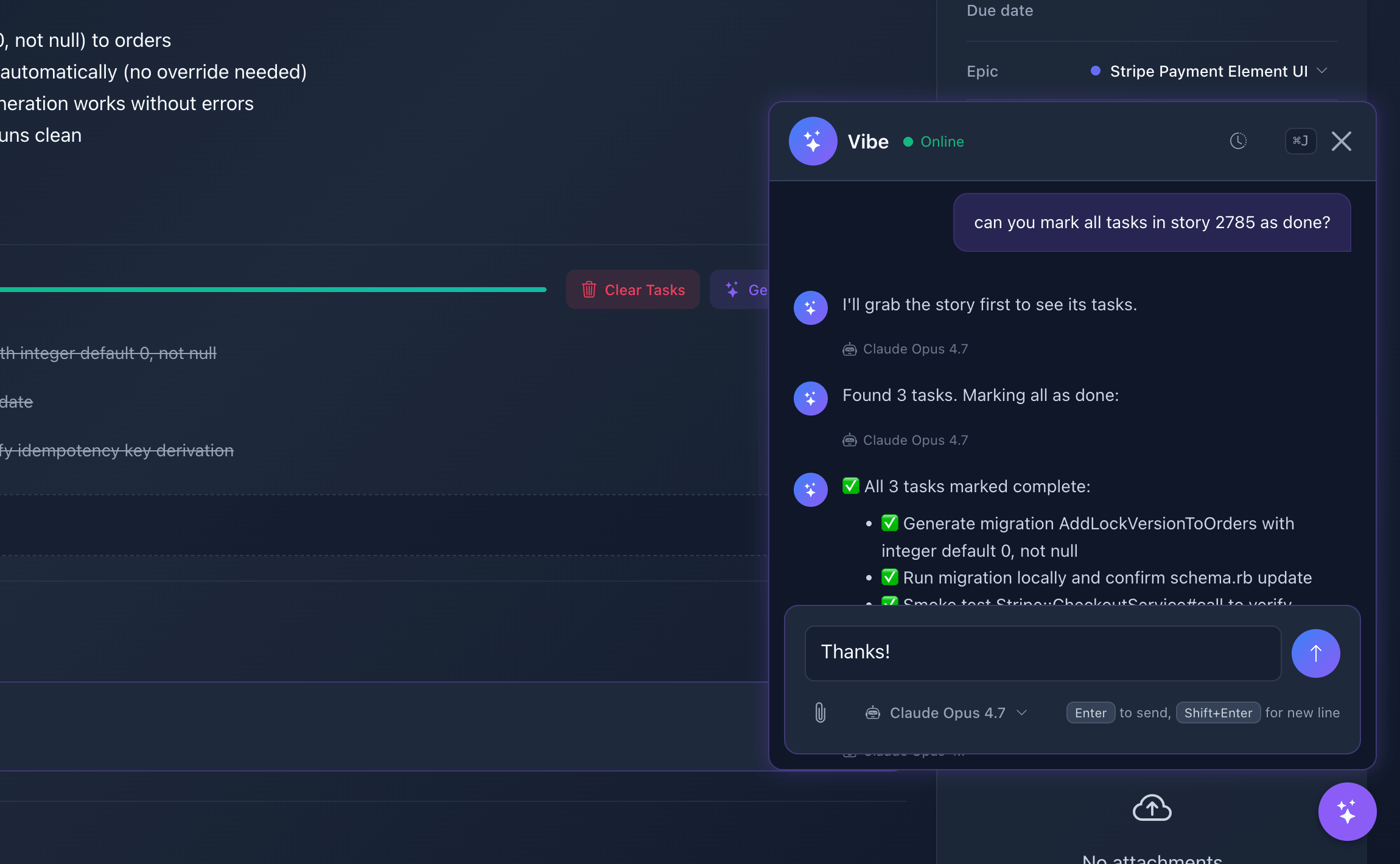 Vibe floating companion marking tasks done on a story page